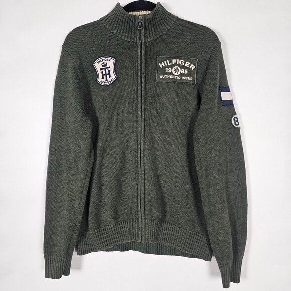 Tommy Hilfiger Preppy Patches Mens Medium Long Sleeve Full Zip Green Sweater - Picture 1 of 6